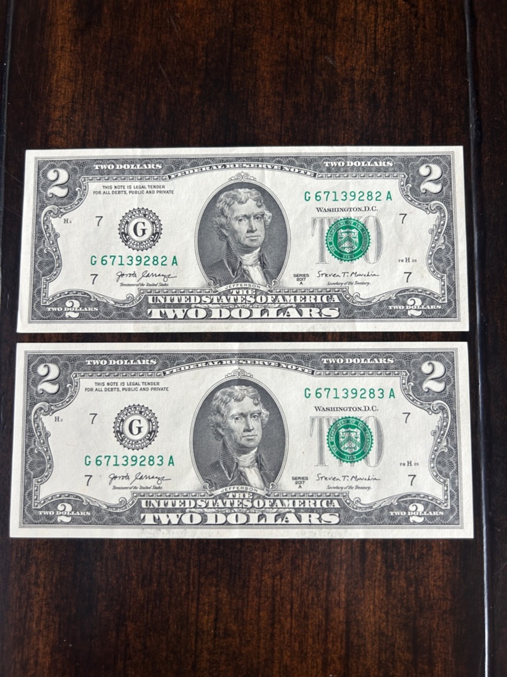 Consecutive $2 Bills 2017A UNC Crisp Pair G67139282A–283A Uncirculated Notes